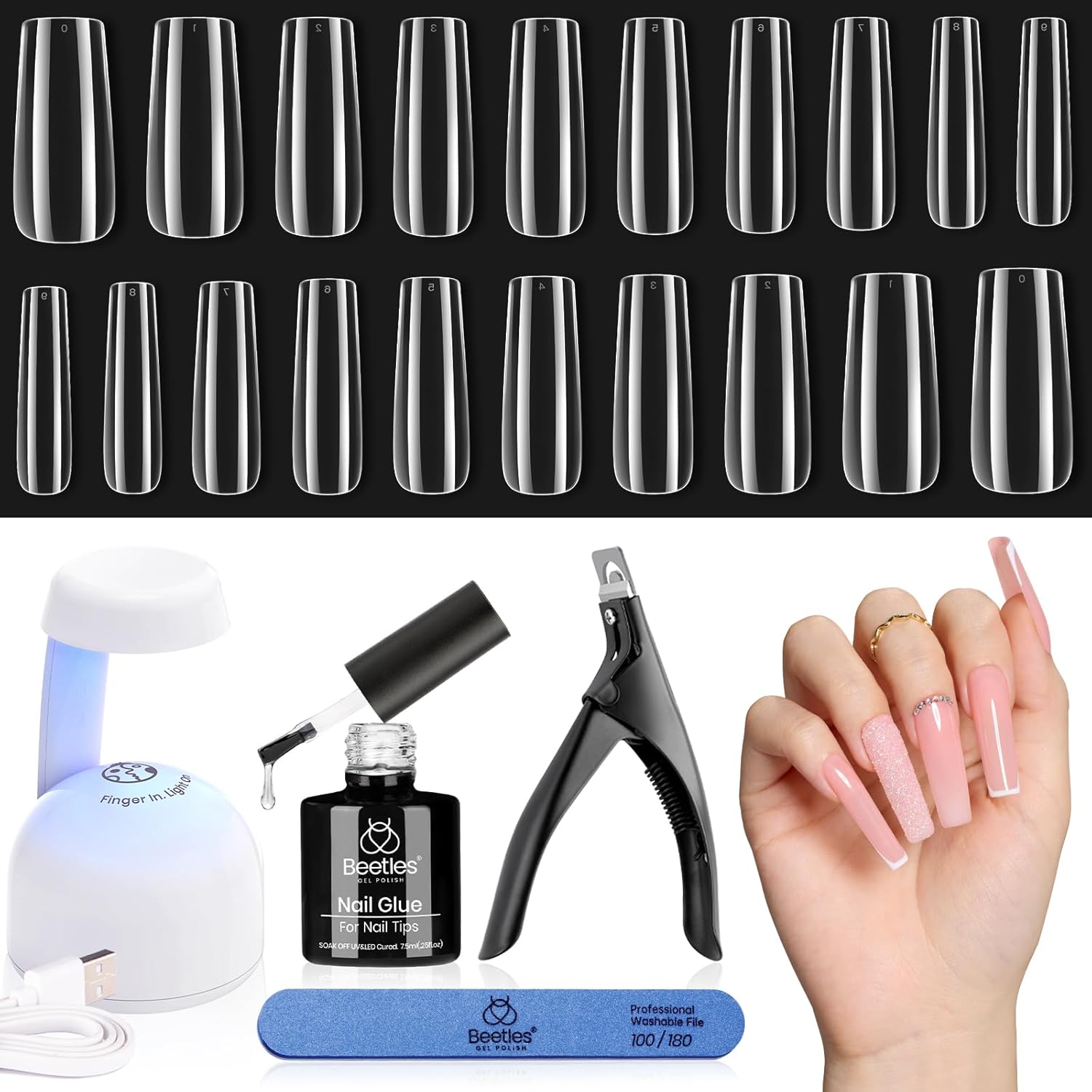 Beetles Gel Nail Kit Easy Extension Set, 240 PCS Long Square Gel Nail Tips Full Cover With 5 In 1 Nail Glue Base Gel and Innovative Uv Led Lamp Easy DIY Gift for Women-Velvo Beauty