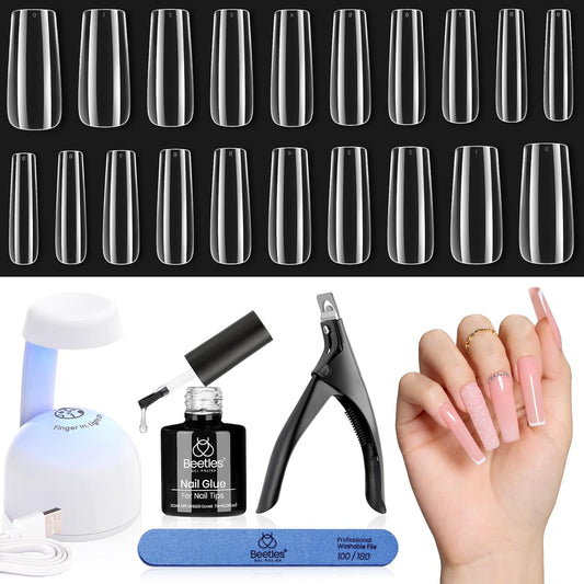 Beetles Gel Nail Kit Easy Extension Set, 240 PCS Long Square Gel Nail Tips Full Cover With 5 In 1 Nail Glue Base Gel and Innovative Uv Led Lamp Easy DIY Gift for Women-Velvo Beauty