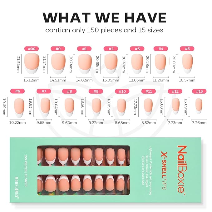 modelones Press on Nails, 150 Pcs French Tip Press on Nails, NailBoxie Brown Short Almond Nail Tips, Soft Gel Nail Tips, Ideal for Wedding, Party, Daily DIY Nail, 15 Sizes (S)-Velvo Beauty