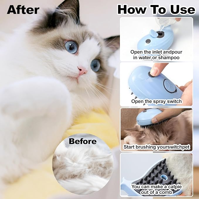 Cat Steam Brush for Shedding, Cat Grooming Brush With Steam, Rechargeable Steam Pet Brush for Dog And Cat, Steamy Cat Brush 3 In1, Self Cleaning Steam Brush for Massage,Clean and Removing Loose Hair-Velvo Beauty