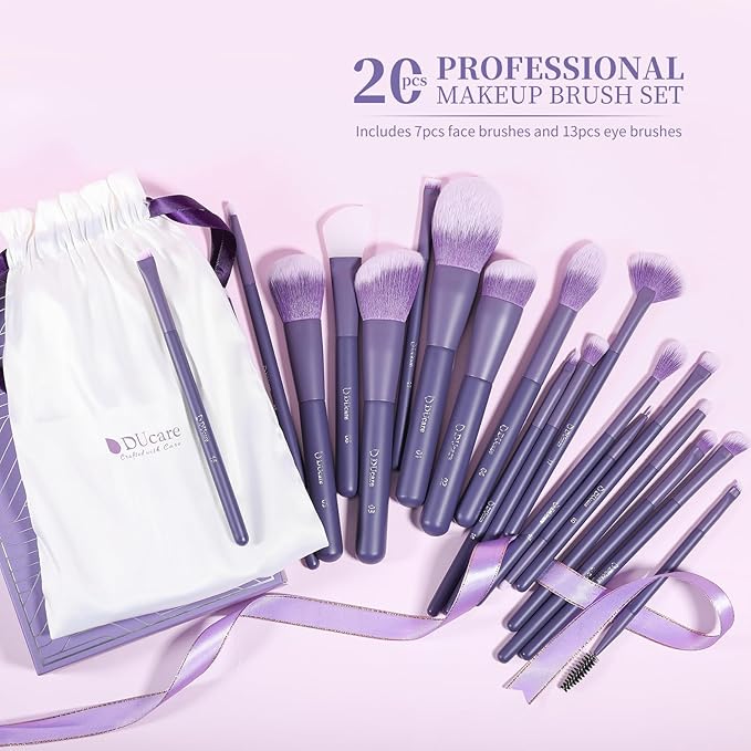 DUcare Makeup Brushes Set Professional 20pcs Vegan Make Up Brushes, Foundation Eyeshadow Concealer Contour Powder Blush Blending Eyeliner Brush with Silicone Face Mask Brush Purple-Velvo Beauty