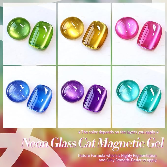 Born Pretty Cat Magnetic Eye Gel Nail Polish Neon Glazed Glass Crystal Magnetic Gel Spring Summer Yellow Green Pink Blue Purple Translucent Gel Polish Set Manicure Nail Art DIY at Home-Velvo Beauty