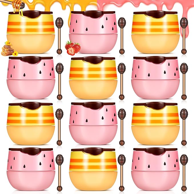 12 Pcs Bee Lip Balm Honey Pot with Brush Propolis Lip Mask Overnight, Moisturizing Hydrating Lip Sleeping Mask Prevention Dry and Cracked(Honey+Strawberry)-Velvo Beauty