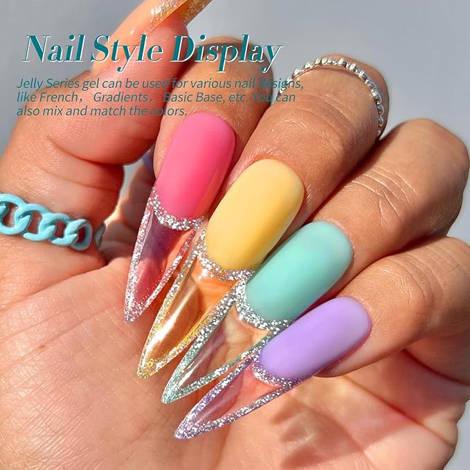 Born Pretty Jelly Gel Nail Polish Set Spring Summer Crystal Glass Translucent Pastel Sheer Gel Polish Pink Green Blue Red Yellow Silver Shiny Glitter Gel Nail Polish Nail Art Gel DIY Gift 6PCS-Velvo Beauty