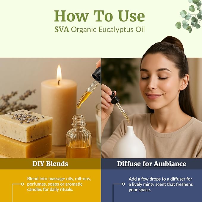 SVA Eucalyptus Essential Oil Organic – 4 Fl Oz – 100% Natural Organic Eucalyptus Oil - for Diffuser, Hair, Face, Skin Care, Aromatherapy, Scalp and Body Massage, Soap and Candle Making - with Dropper-Velvo Beauty