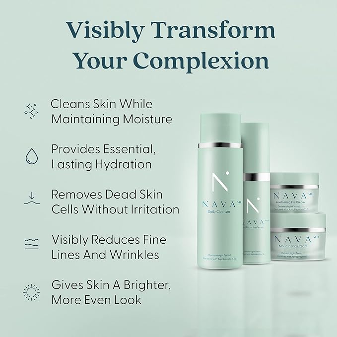NAVA MD Clinical Skincare System | Cleanser, Serum, Moisturizer, Eye Cream | Developed By Doctors and Scientists | Promote Healthy, Youthful Skin | Contains Aquabeautine XL-Velvo Beauty