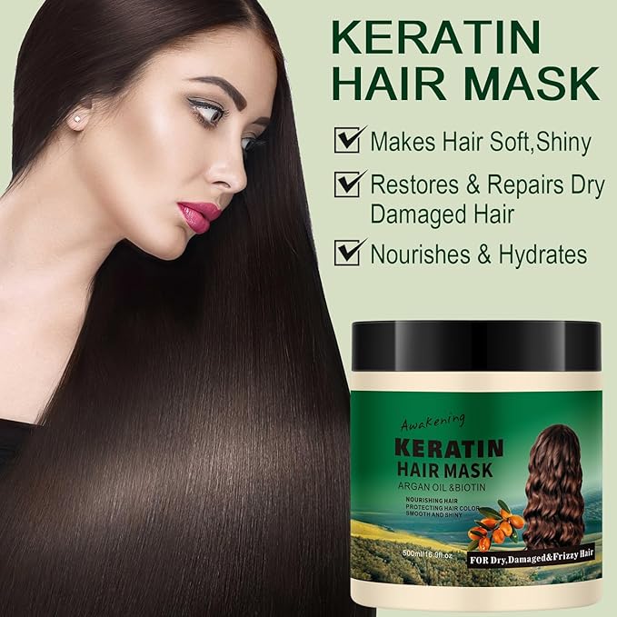 Hair Mask Deep Treatment Conditioner Collagen Protein Argan Oil Biotin Repair For Dry Damaged Frizzy Curly All Hair Types(16.9 Fl Oz/500ml) (keratin)-Velvo Beauty