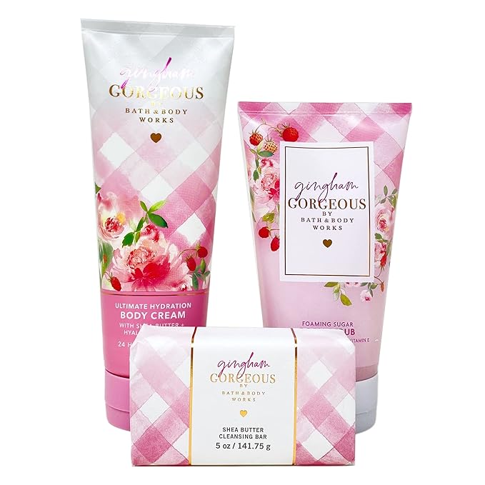Bath & Body Works Gingham Gorgeous 3 Piece Set - Body Cream - Body Scrub - Cleansing Bar - Full Size-Velvo Beauty