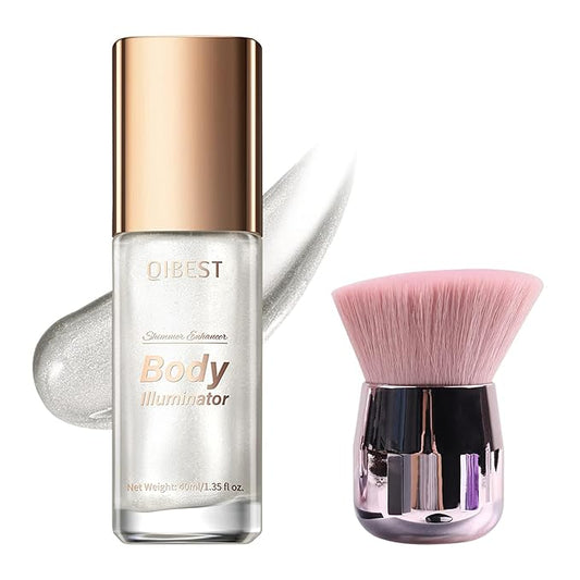 40ml Body Shimmer Oil,Face and Body Liquid Luminizer,Smooth Body Shimmer Oil For Sunshine Bath, Waterproof Moisturizing Light Shimmer Glow Illuminator,Liquid Highlighter Makeup,Makeup Brush Include (1#-Silver)-Velvo Beauty