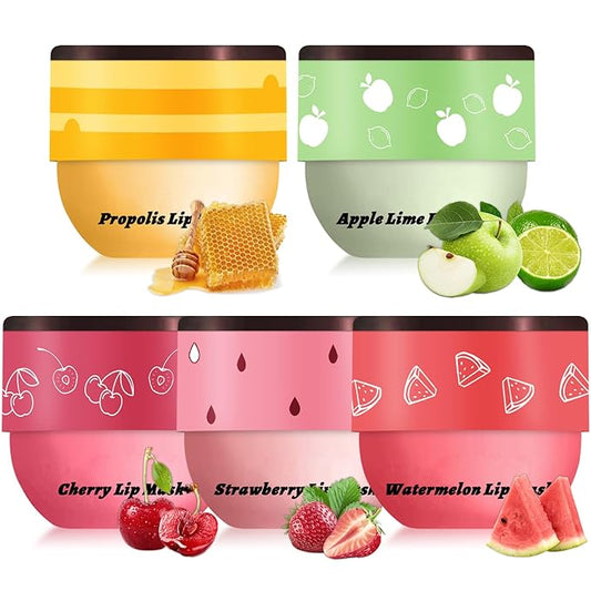 5 PCS Bee Balm Lip Balm Lip Mask Honey Pot, Lip Mask Propolis Moisturizing Lip Balm, Hydrating Prevention Dry and Cracked Lip Scrubs Exfoliator Lip Care (Strawberry&Watermelon&Honey&Apple Lime&Cherry)-Velvo Beauty