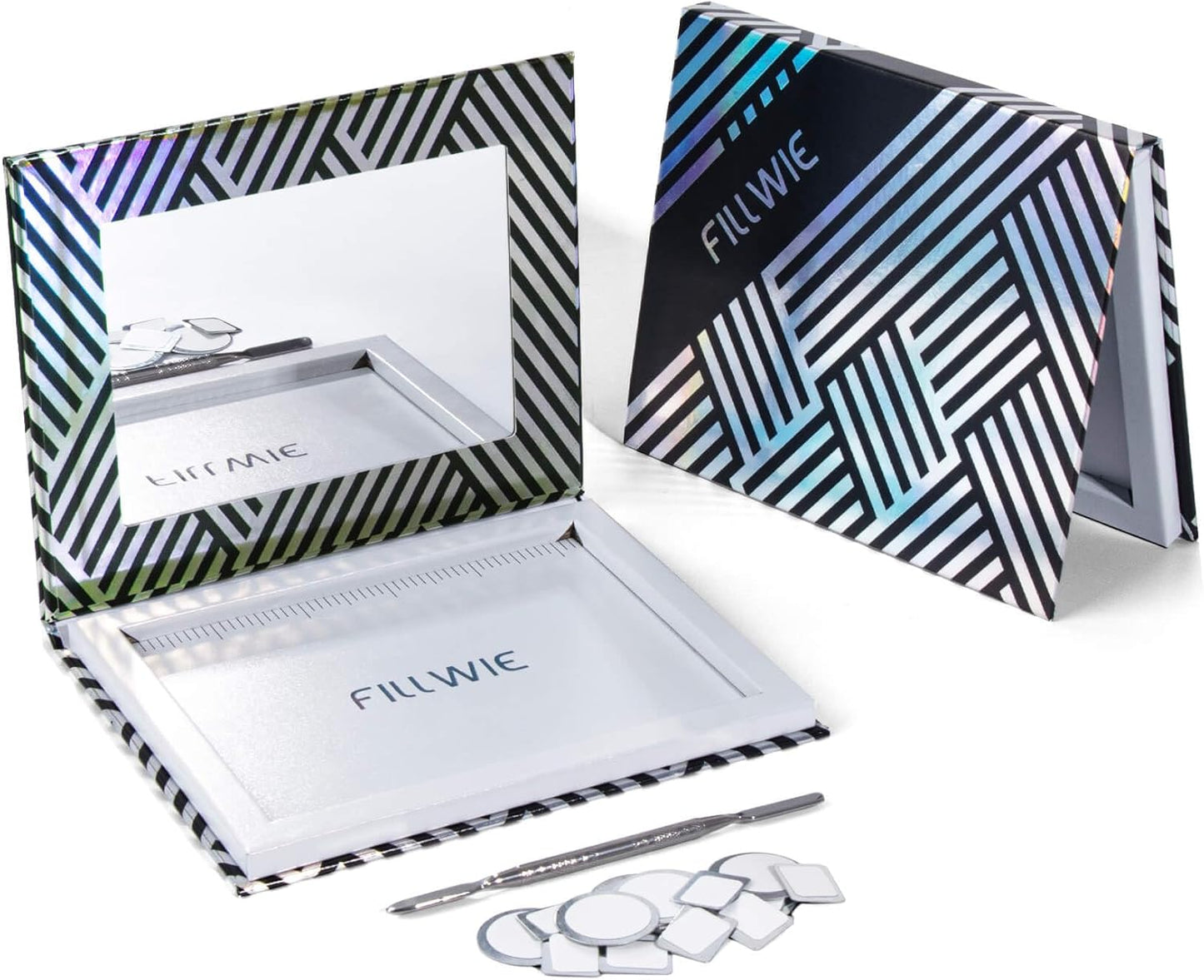 Empty Magnetic Makeup Palette with Mirror, Spatula, 20 Metal Stickers, Suitable for Eyeshadow Lipstick Blush Powder Highlighter and Contour, DIY Refillable, Holographic Stripes (Black, Medium)-Velvo Beauty