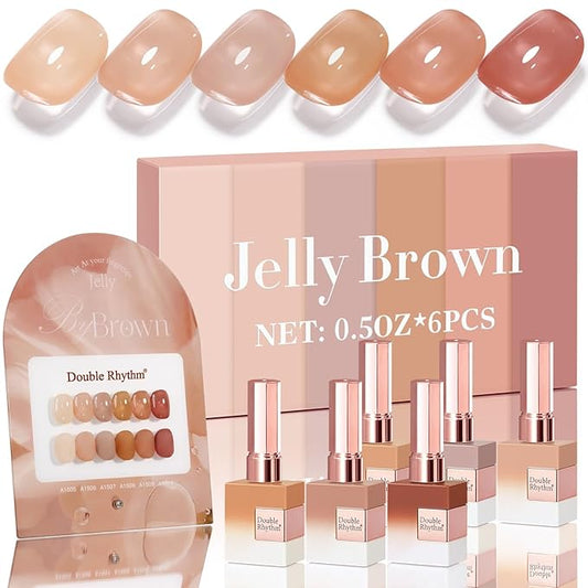 Double Rhythm 6 Pcs 15 ML Gel Polish Set Same Color Same Bottle Soak Off Gel Polish Kit Nail Art Manicure Salon DIY at Home for Women (Translucent Milky Brown Nude Orange Rose Red-T6-1)-Velvo Beauty