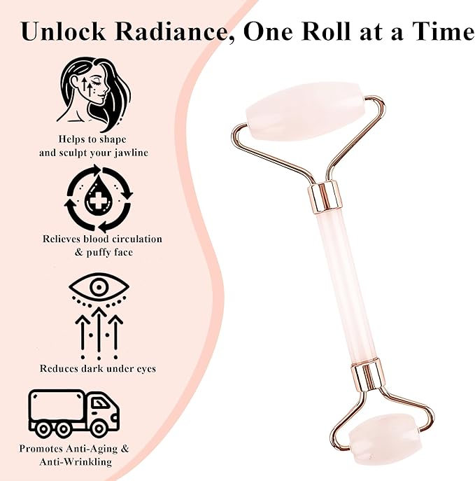 Natural Jade Roller for Face - Aging Wrinkles, Puffiness Facial Skin Massager Treatment Therapy - Premium Jade Stone, by Crystal Lemon (Rose Quartz)-Velvo Beauty
