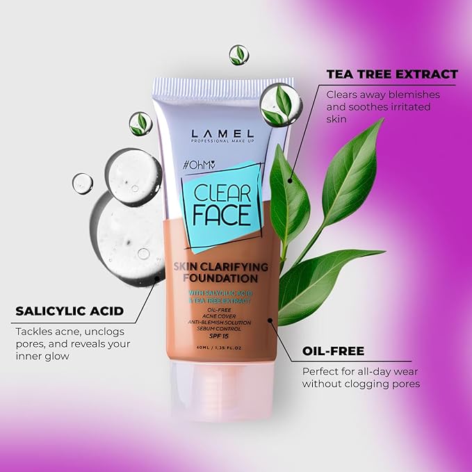 LAMEL OhMy Clear Face Full Coverage Foundation - Acne Coverage - Salicylic Acid & Tea Tree Extract - Dewy & Flawless Finish - Sensitive Skin Care - Organic & Oil-Free - 410, 1.35 fl.oz-Velvo Beauty