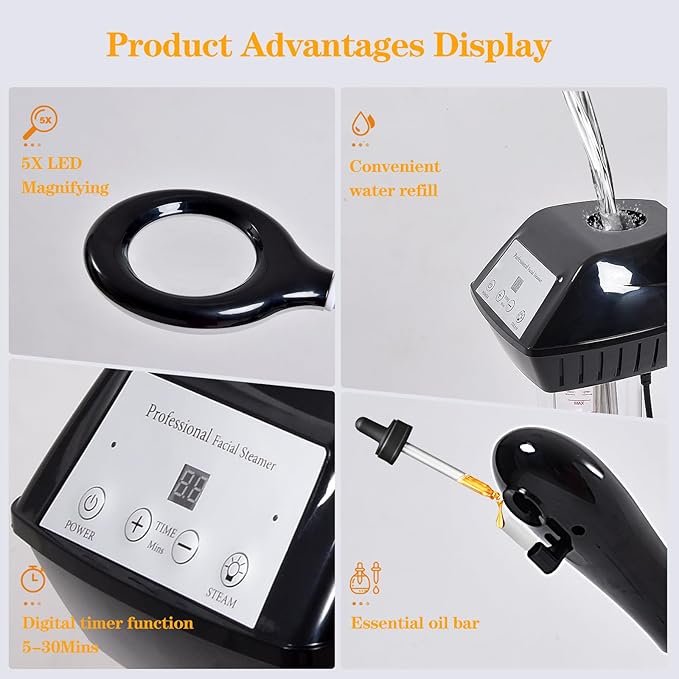 Facial Steamer for Deep Hydration, 2in1 Ozone Face Steamer with 5X Magnifying Lamp, Professional Facial Steamer, Suitable for Home Use or Beauty Spa Deep Cleansing and Hydration-Velvo Beauty