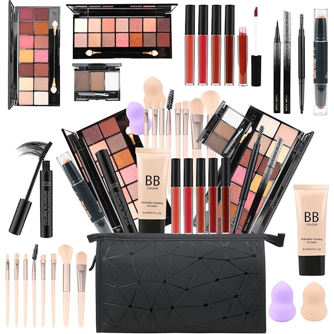 All in One Makeup Gift Set for Women Full Kit for2x14-color eyeshadow palettes,5xlipgloss sets,mascara,eyeliner,eyebrowpowder,eyebrow pencil, foundation, highlighter stick etc-Velvo Beauty