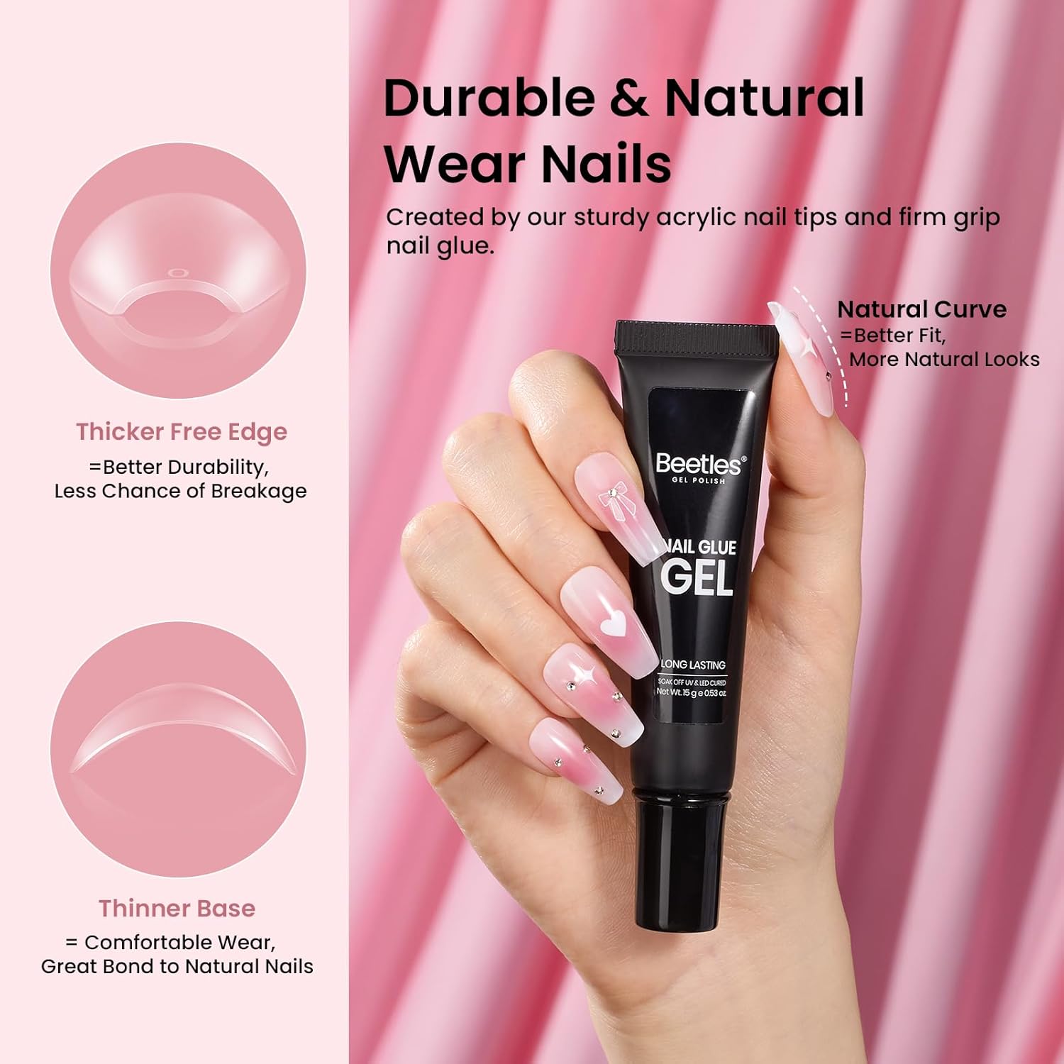 Beetles Gel Nail Kit Medium Coffin with Nail Dehydrator and Primer, 576Pcs Half Matte Etch-X Gel Nail Tips Solid Nail Glue Mini Nail Lamp Acrylic Nail Tips Easy DIY Nail Extension Set Gift for Women-Velvo Beauty