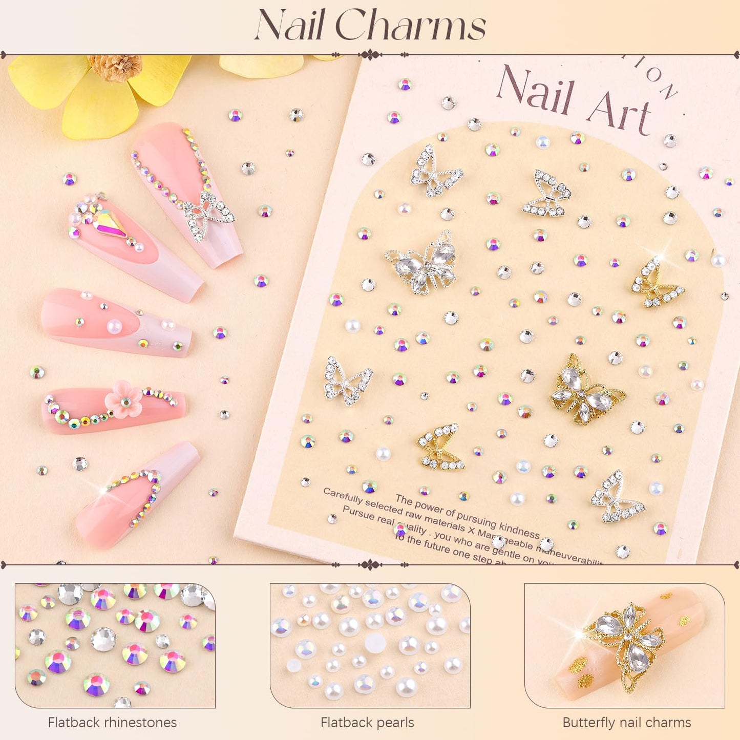 50Pcs 2 Styles 3D Butterfly Nail Charms and Flatback Gems Pearl, Silver+Gold Shiny Luxury Gems, Crystal Jewels Studs with Rhinestones for Nail Design, Nail Art Decoration Set for Acrylic Nails-Velvo Beauty