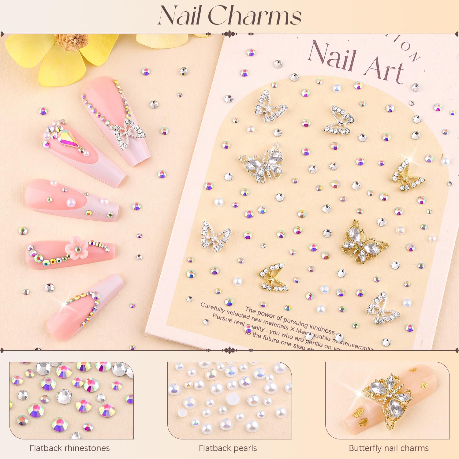 50Pcs 2 Styles 3D Butterfly Nail Charms and Flatback Gems Pearl, Silver+Gold Shiny Luxury Gems, Crystal Jewels Studs with Rhinestones for Nail Design, Nail Art Decoration Set for Acrylic Nails-Velvo Beauty