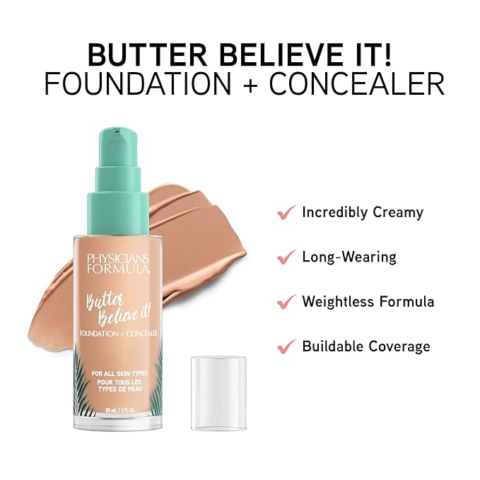 Physicians Formula Butter Believe It! Foundation + Concealer Medium | Dermatologist Tested, Clinicially Tested-Velvo Beauty