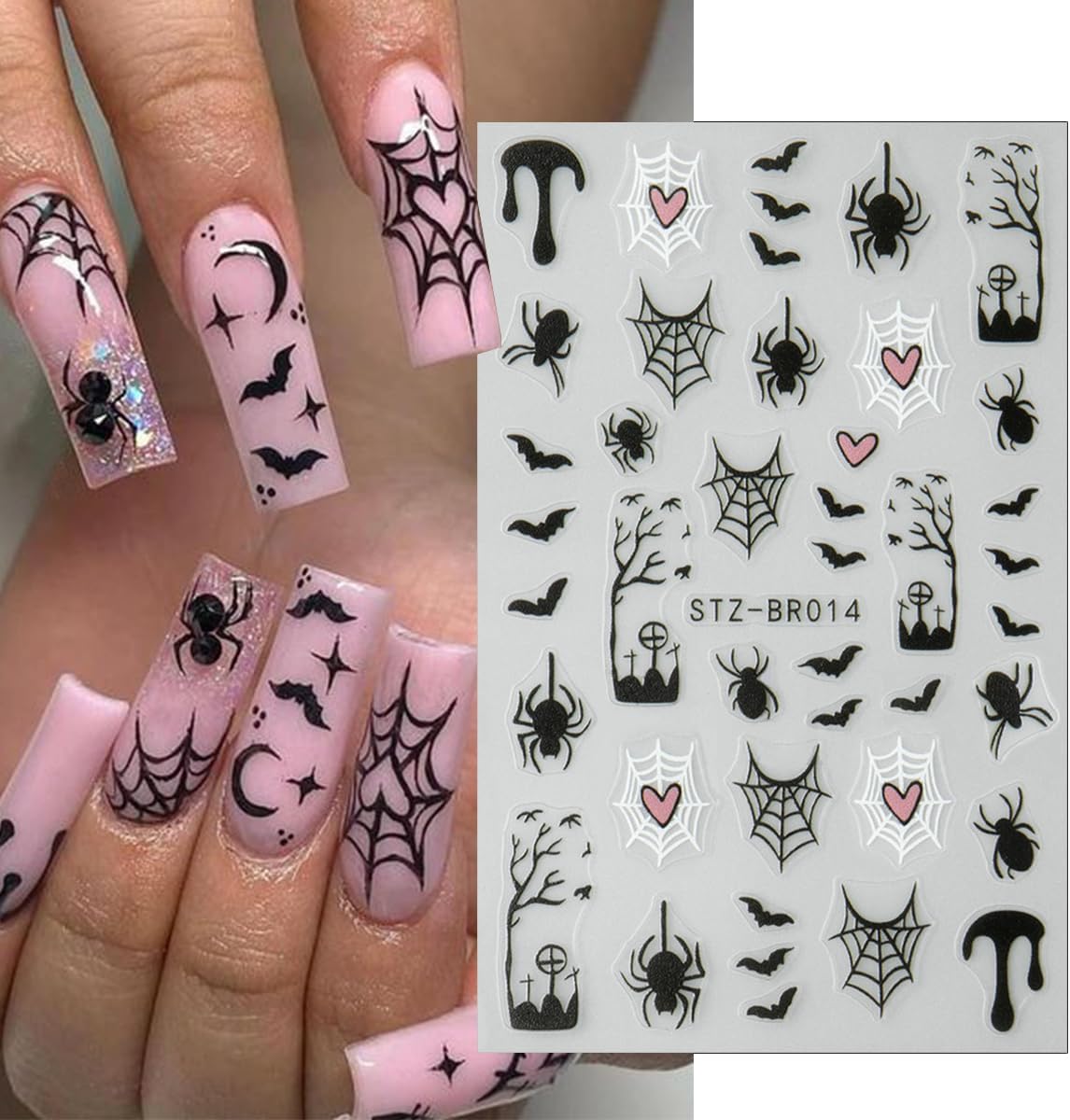 6Pcs Halloween Nail Stickers for Nail Art, Bat Spiders Nail Art Stickers Spider Web Black Rose Skull Ghost Nails Design Decals Halloween Nail Supplies for Women DIY Manicure Decoration Accessories-Velvo Beauty