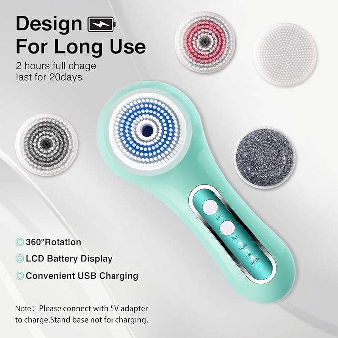 Face Scrubber Exfoliator,Facial Cleansing Brush Rechargeable IPX7 Waterproof with 5 Brush Heads,Electric Face Spin Brush for Exfoliating, Massaging and Deep Cleansing-Velvo Beauty