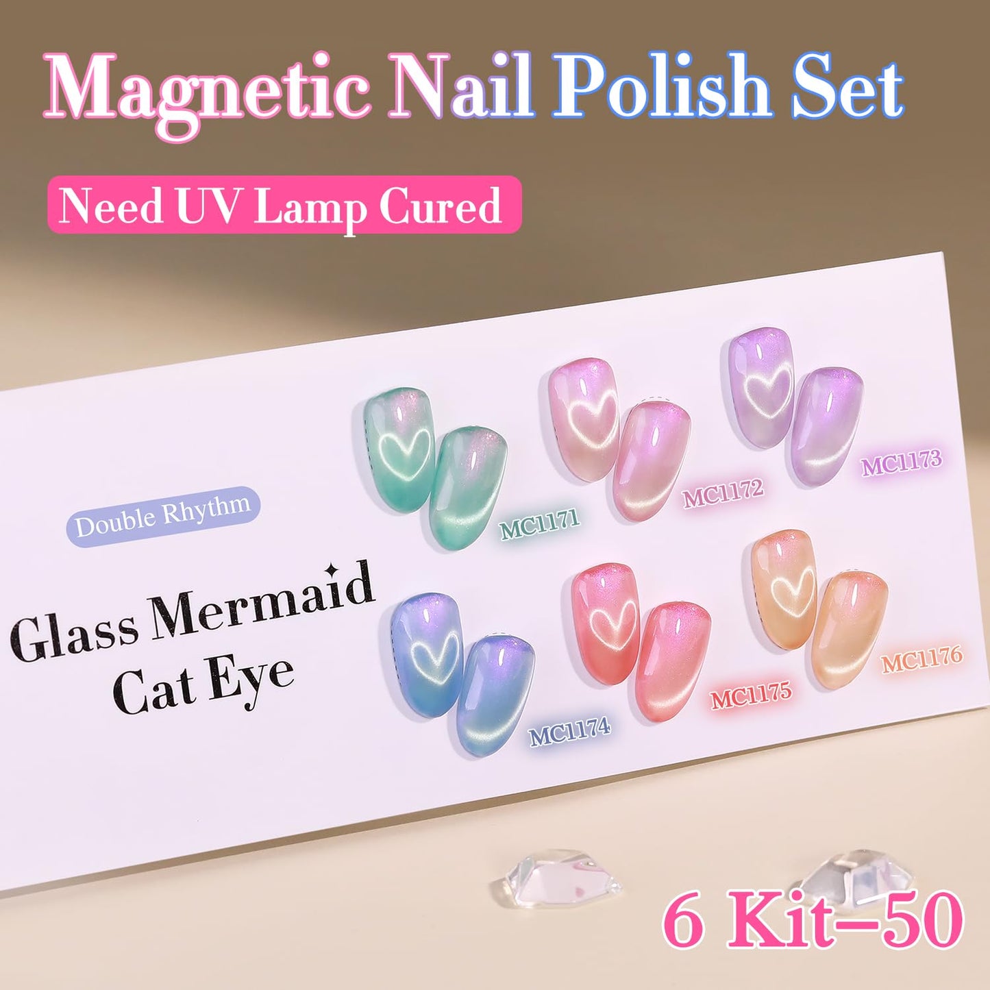 Double Rhythm 6 Colors Cat Eye Gel Polish Set Shimmer Glitter with Magnet Holographic Reflective Magnetic UV Nail Art Kit (6-Kit-50)-Velvo Beauty