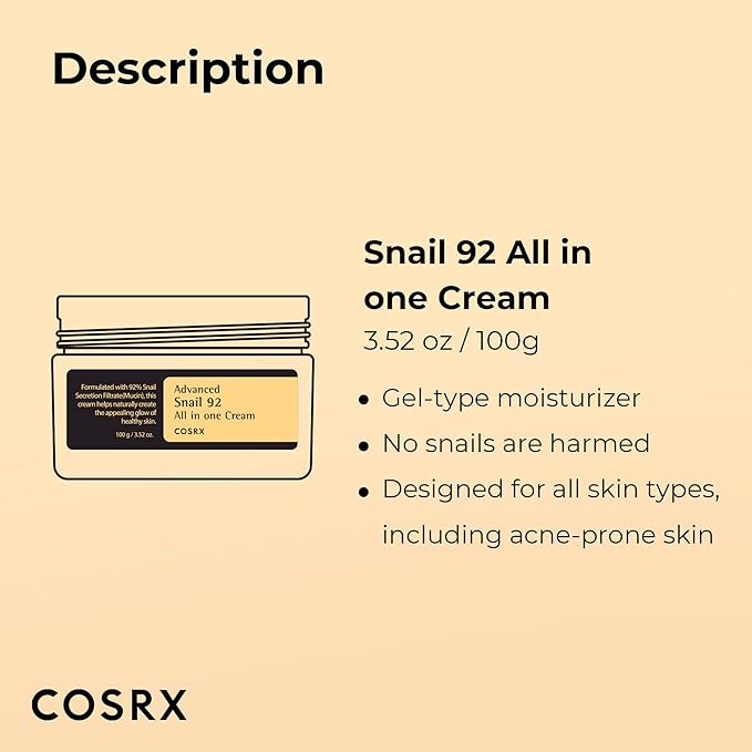 COSRX Snail Mucin 92% Repair Cream, Daily Face Gel Moisturizer for Dry Skin, Acne-prone, Sensitive Skin, Not Tested on Animals, No Parabens, Korean Skincare (3.52 Fl Oz (Pack of 1))-Velvo Beauty
