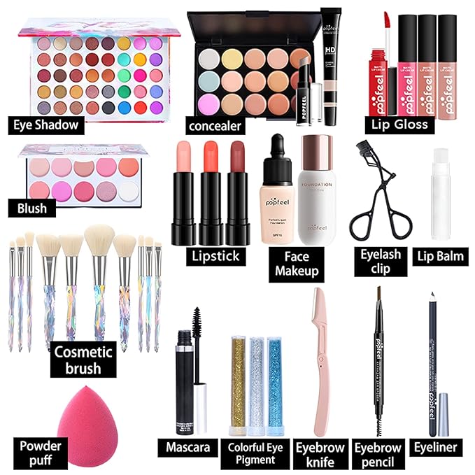 All-in-One Makeup Gift Set Travel Makeup Kit Complete Starter Makeup Bundle Lipgloss Lipstick Concealer Blushes Powder Eyeshadow Palette Cosmetic Palette for Teen Girls & Adults #17-Velvo Beauty