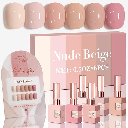 Double Rhythm 6 Pcs 15 ML Gel Polish Set Same Color Same Bottle Soak Off Gel Polish Kit Nail Art Manicure Salon DIY at Home for Women (Light Beige Nude Pink Neutral Rose-T6-4)-Velvo Beauty