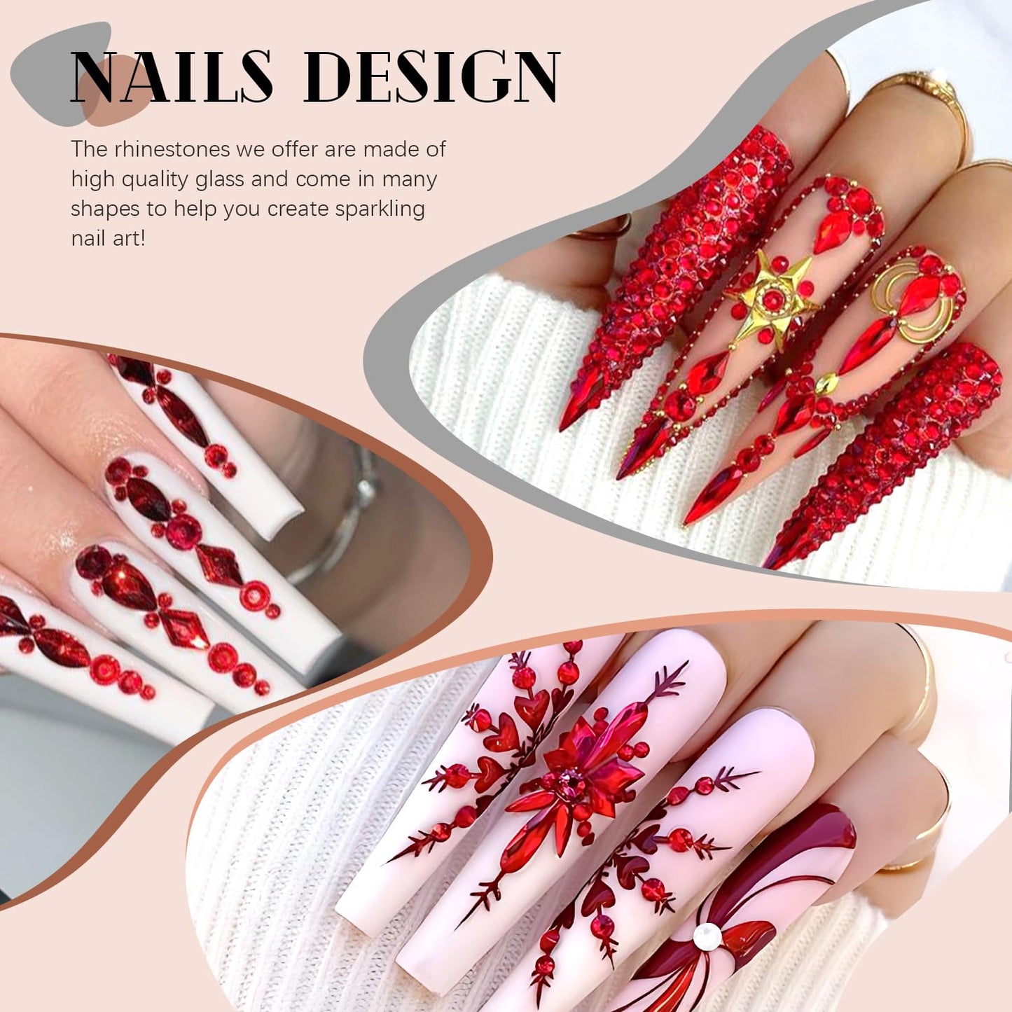 1680Pcs Red Glass Nail Rhinestones 180Pcs Multi Shapes Flatback Nail Gems + 1500Pcs 1.5-4mm Round Crystal with Rhinestones Glue Gel, Manicure Nail Charms Diamond Gemstones for Nail Art-Velvo Beauty