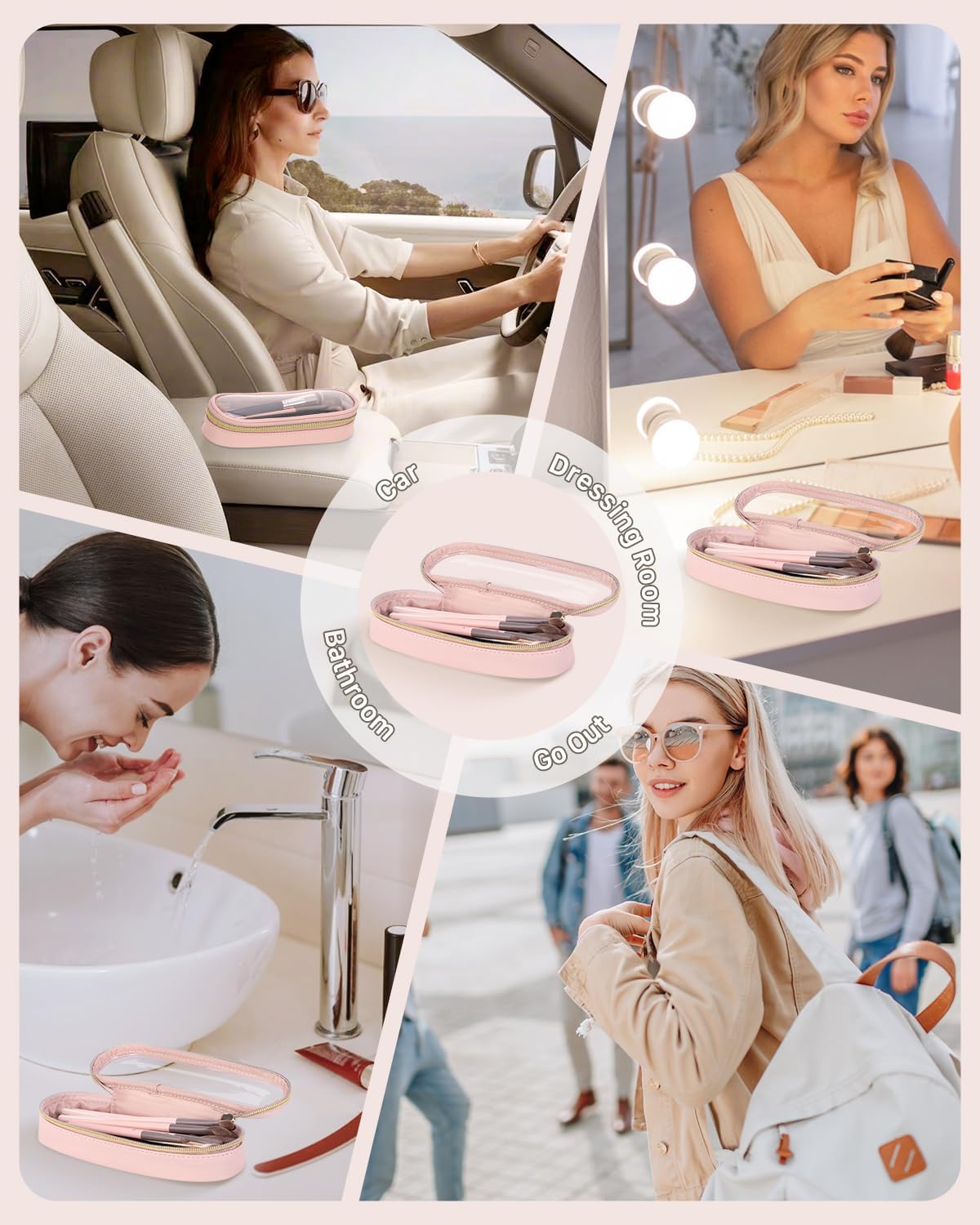 Clear Travel Makeup Brush Holder, Leather Makeup Brush Toiletry Bag, Portable Cosmetic Brush Case, Transparent Waterproof Makeup Brush Storage Bag, Pink, Large-Velvo Beauty