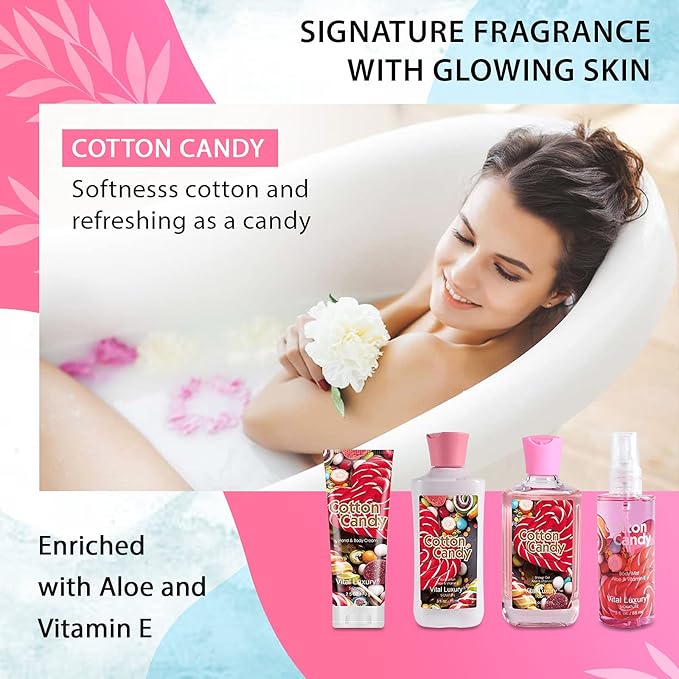 Cotton Candy Bath & Body Kit, 3 Fl Oz, Ideal Skincare Gift Home Spa Set, Includes Body Lotion, Shower Gel, Body Cream, and Fragrance Mist, Birthday Mother's Day Gifts-Velvo Beauty