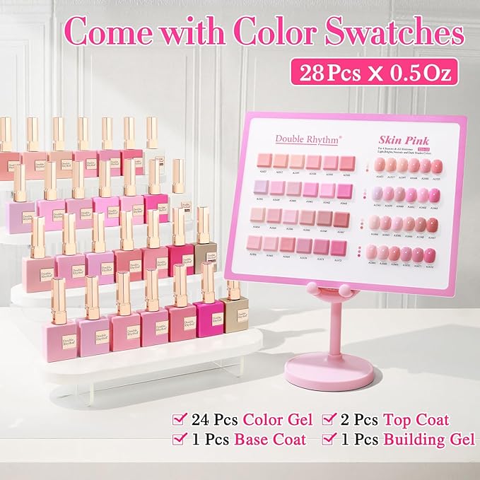 Double Rhythm 28Pcs 0.5Oz Gel Nail Polish Set Same Color Same Bottle Soak Off Gel Polish Kit Nail Art Manicure Salon DIY at Home for Women (Neutral Skin Pink Nude Collection-T24-12)-Velvo Beauty