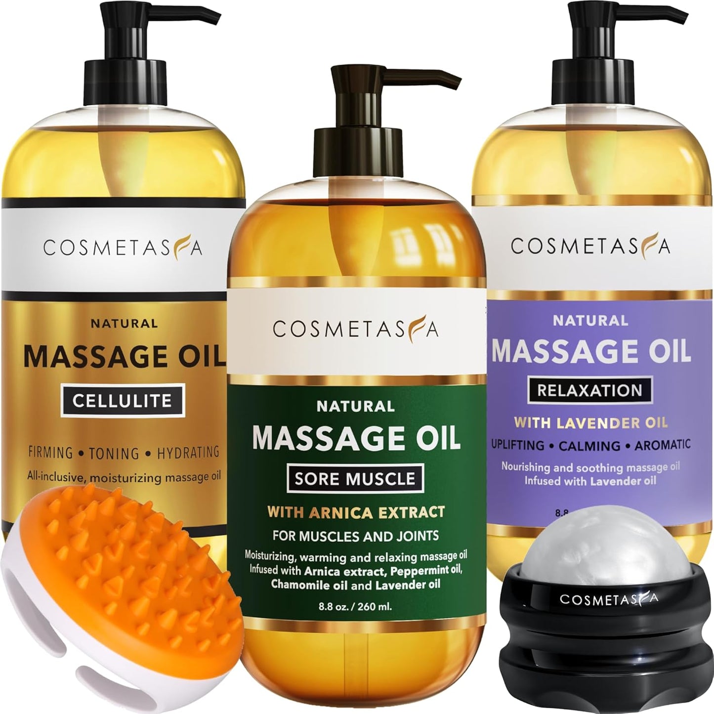 Cosmetasa Body Massage Oil for Massage Therapy Kit - Arnica Sore Muscle Massage Oil, Cellulite Massage Oil, Lavender Massage Oil, Skin Massage Roller Ball, Massager Mitt - Relaxing Luxury Spa Gift Set-Velvo Beauty