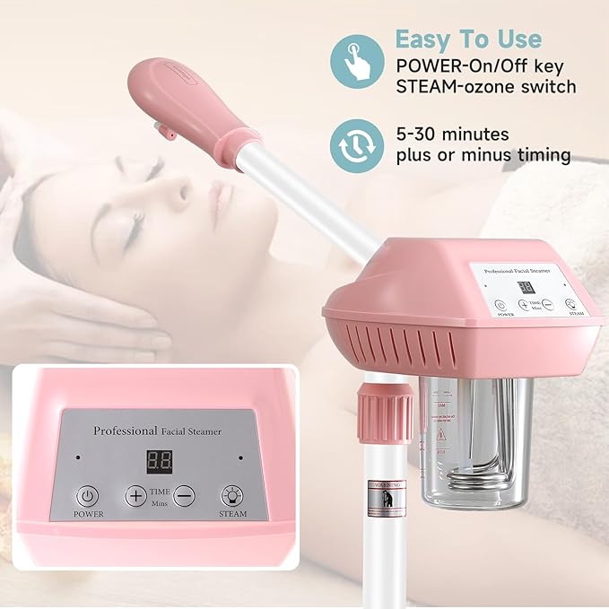 Face Steamer on Wheel Professional Ozone Face Steamer for Deep Facial Cleansing Pink-Velvo Beauty