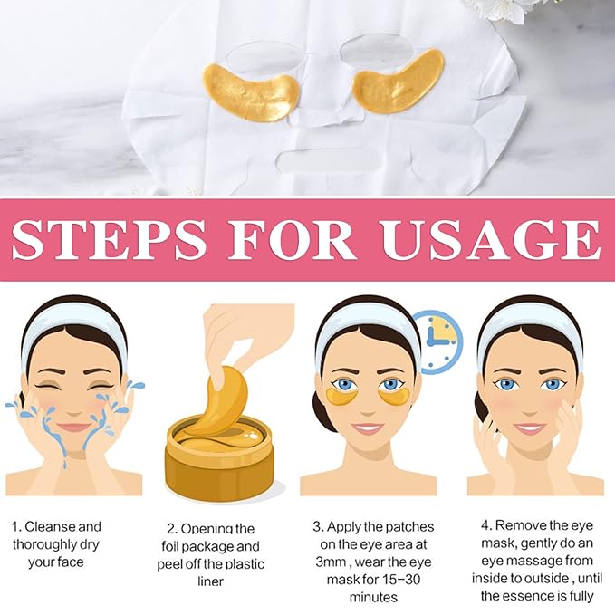 30 Pairs 24K Gold Under Eye Mask,Moisturising Under Eye Patches for Women,Crystal Collagen Eye Gel Pads for Reducing Fine Lines,Puffy Eyes and Dark Circles Under Eye Bags Treatments(Gold)-Velvo Beauty