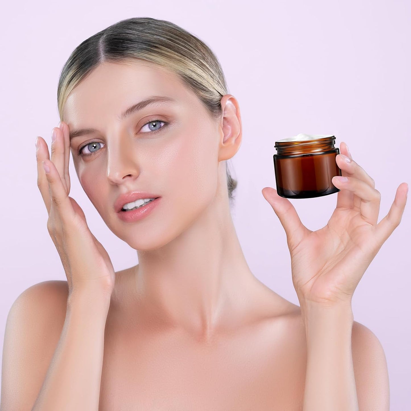 Domensi 32 Pcs 2 oz Glass Jars with Lids Travel Size Round Leakproof Empty Cosmetic Jars with Inner Liners Lid for Storing Makeup Lotions Face Cream Ointments Candle DIY Making (Amber)-Velvo Beauty