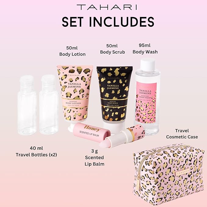 Tahari Spa Gift Set for Women, Vanilla Jasmine Spa Set, Bath Kit for Women Gift Set Includes Body Lotion, Body Wash, Hand Cream, Lotion Gift Set for Women, Birthday Gifts For Women - (Leopard)-Velvo Beauty