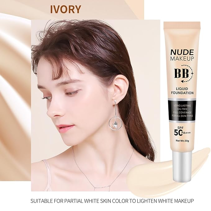 BB Cream with SPF 50, BB Cream Full Coverage, Hide Pores Blemishes, Nude Makeup Base, Even Skin Tone, Long Lasting Oil Control, Hydration BB Cream, Natural Finish for All Skin Types (Ivory)-Velvo Beauty