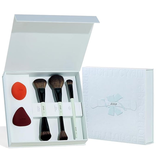 Jessup Face Makeup Brushes with Makeup Sponge, 3pcs Double Ended Makeup Brush for Foundation Contour Blush Highlight and Concealer Brush, Premium Synthetic Brush Set with Gift Box, T510-Velvo Beauty