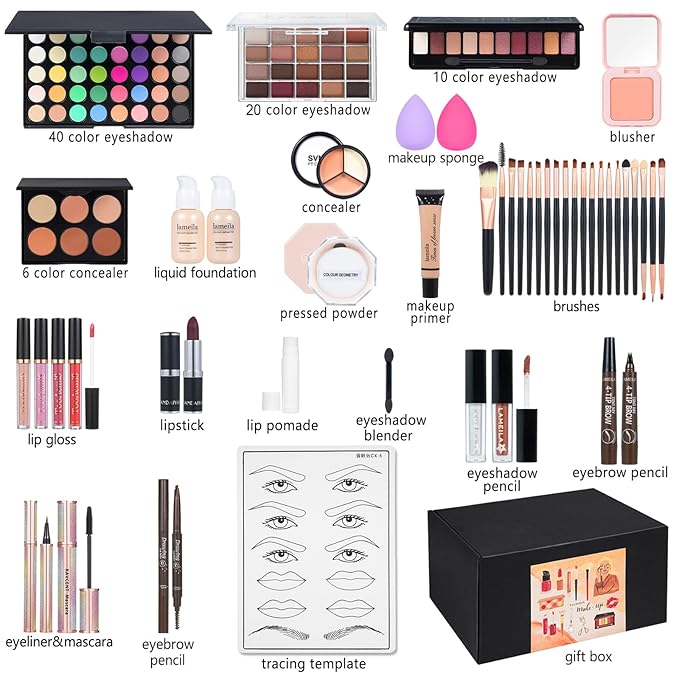 All in One Makeup Kit Makeup Kit for Women Full Kit Multipurpose Makeup ，eyeshadow、 liquid foundation,Loose powder,Eyebrow pencil,4-color lip gloss set-Velvo Beauty