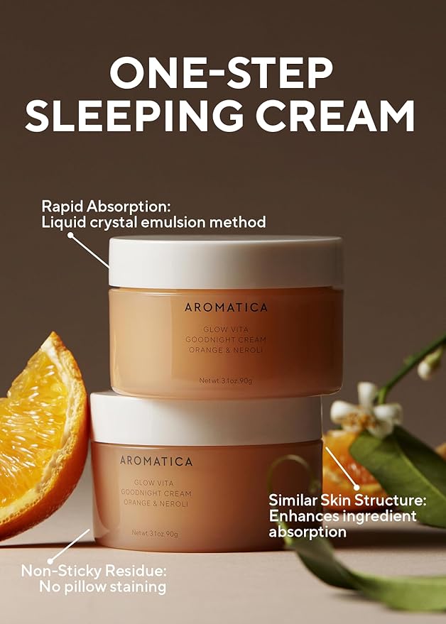 AROMATICA Glow Vita Goodnight Cream Orange & Neroli 3.1fl oz/90g - Night Cream Moisturizer For Face & Neck | Anti Aging Wrinkle Cream with Vitamin C, 5% Niacinamide-Velvo Beauty