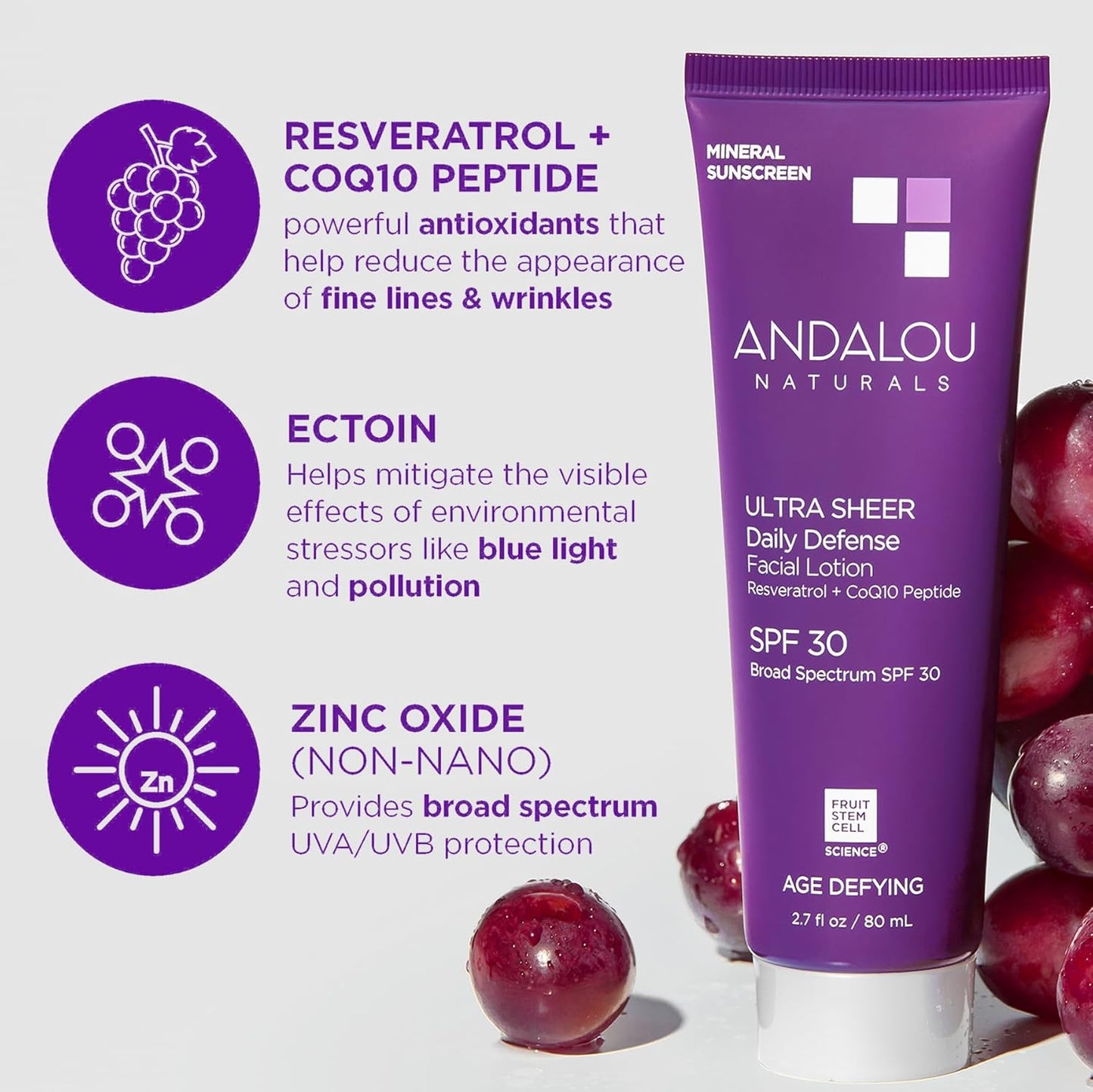 Andalou Naturals Age Defying Ultra Sheer Daily Defense Mineral Sunscreen SPF 30 | Face Lotion with Zinc Oxide | Lightweight Anti-Aging Sun Protection | 2.7 fl oz-Velvo Beauty