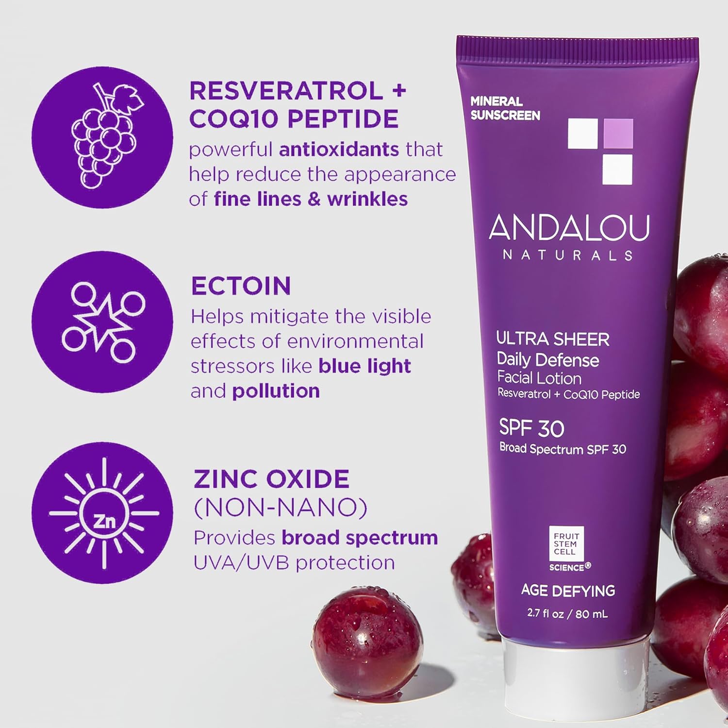 Andalou Naturals Age Defying Ultra Sheer Daily Defense Mineral Sunscreen SPF 30 | Face Lotion with Zinc Oxide | Lightweight Anti-Aging Sun Protection | 2.7 fl oz-Velvo Beauty