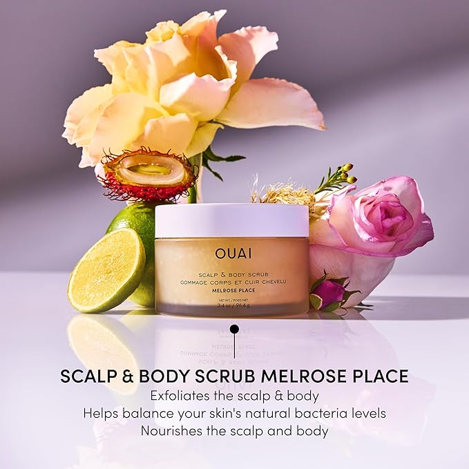 OUAI Scalp & Body Scrub Travel Size, Melrose Place - Exfoliating Body Scrub with Sugar & Coconut Oil Blend for Smooth, Moisturized Skin - Gentle for Removing Product Build Up (3.4 Oz)-Velvo Beauty