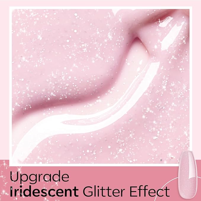 modelones Builder Nail Gel, 8-in-One Nude Pink Glitter Builder, Rainbow Iridescent Shimmer Nail Gel Polish, Jelly Pink Sparkle LED Lamp Cured Hard Rubber Color Base for Home DIY Salon Girls-Velvo Beauty