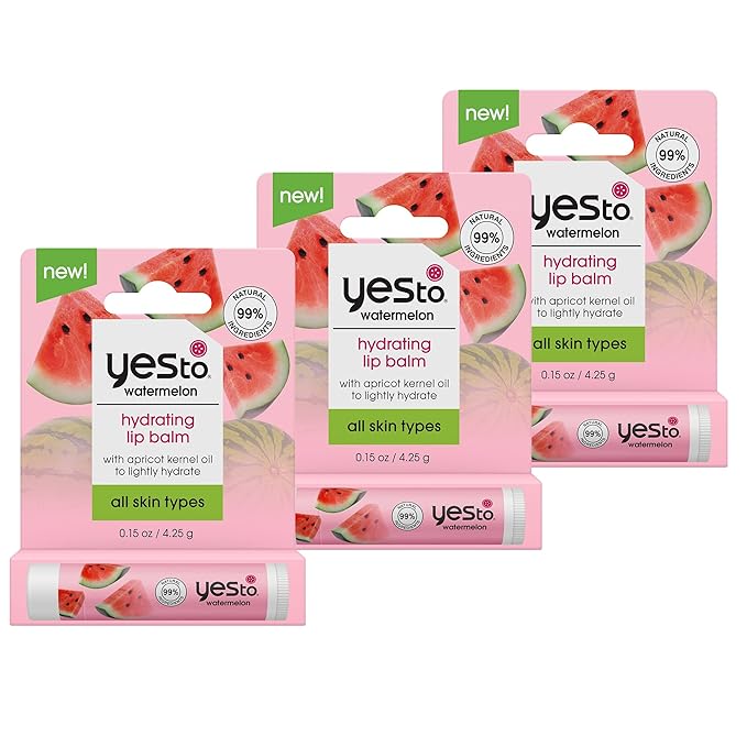 Yes To Watermelon Hydrating Lip Balm, Refreshing Non-Sticky Formula That Restores Dry Cracked Lips & Locks In Moisture, With Apricot Kernel Oil & Antioxidants, Natural & Cruelty Free, 0.15 Oz, 3-Pack-Velvo Beauty