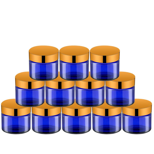 Lil Ray 2 Oz Glass Cream Jars with Gold Lid, Empty Cobalt Blue Glass Containers, Refillable Cosmetic Vials for Lotion, Ointment (12 PCS)-Velvo Beauty