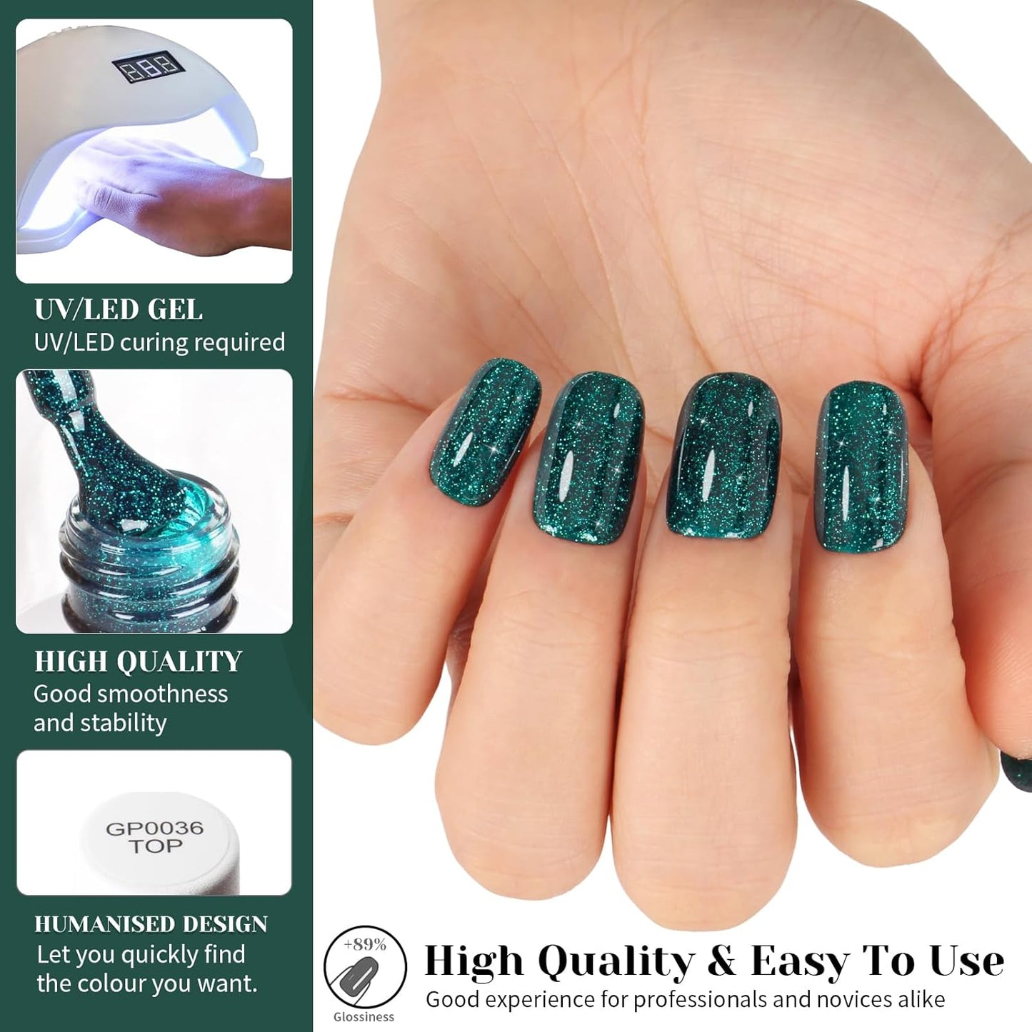 Glitter Gel Polish, Sparkly Shimmer Green Gel Nail Polish, 15ml Soak Off UV Gel Nail Polish for DIY Manicure, St. Patrick's Day Christmas Green Color Gel - GP0063-Velvo Beauty